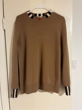 Burberry Camel Crewneck Sweater with Striped Trim